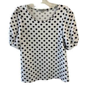 Black & White Polka Dot Top with Puffed Short Sleeves Women’s S Preppy Fall